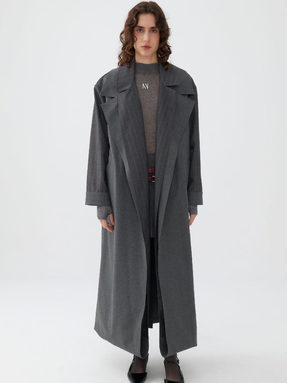 Women's Long Grey Trench Coat with Wide Lapels